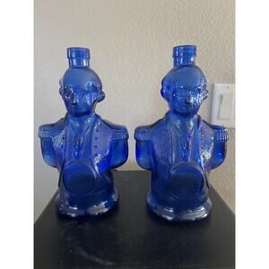 Vintage Pair of Jacquin Cobalt Blue George Washington Liquor Bottles - 10” tall